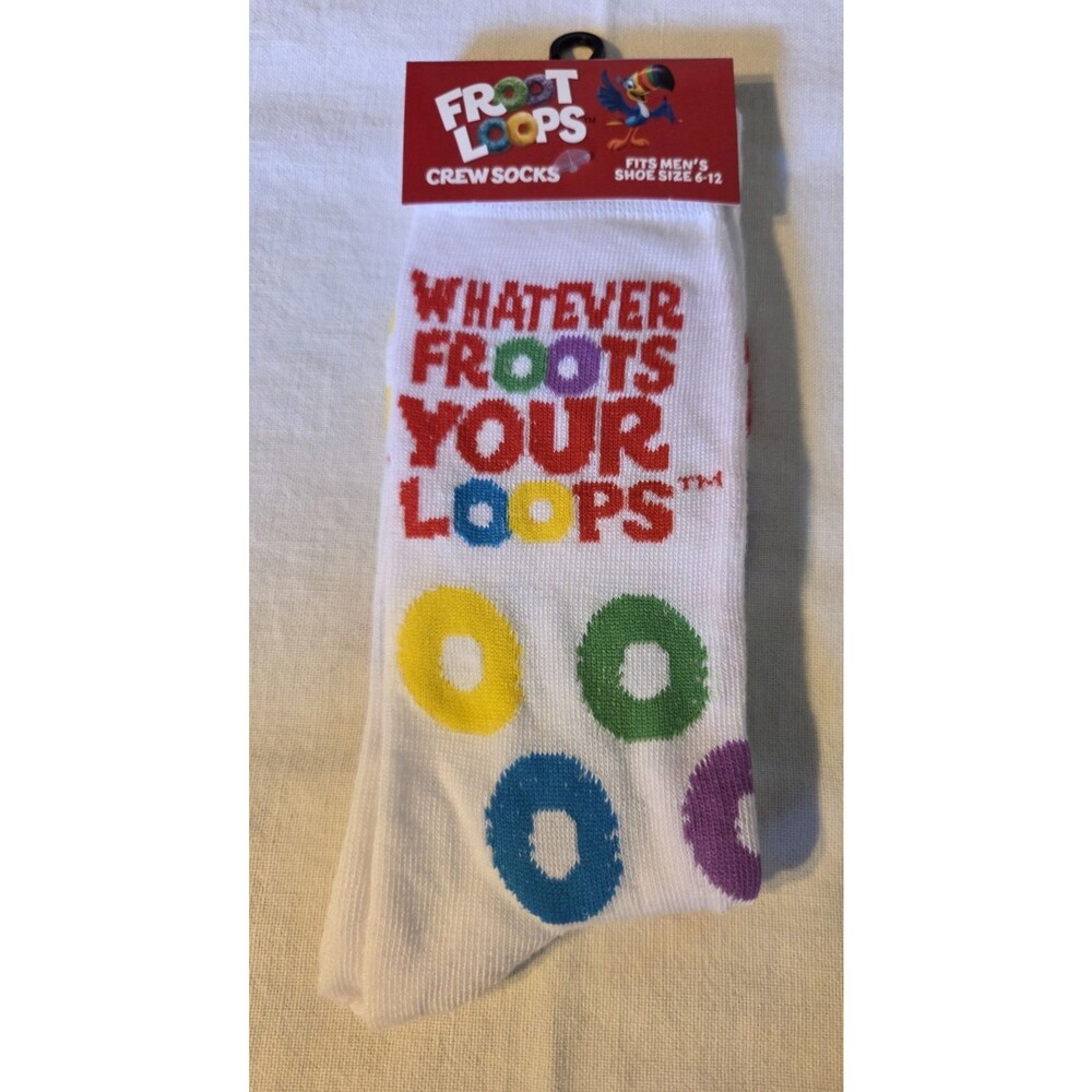 Froot Loops Crew Socks Mens Shoe Size 6-12 White Rainbow Cereal Fun